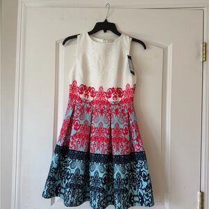 Girls' White, Red & Light Blue Patterned Fit-and-Flare Dress